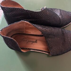 Free People Black Textured Slip-On Flats with Snake-Print Detail